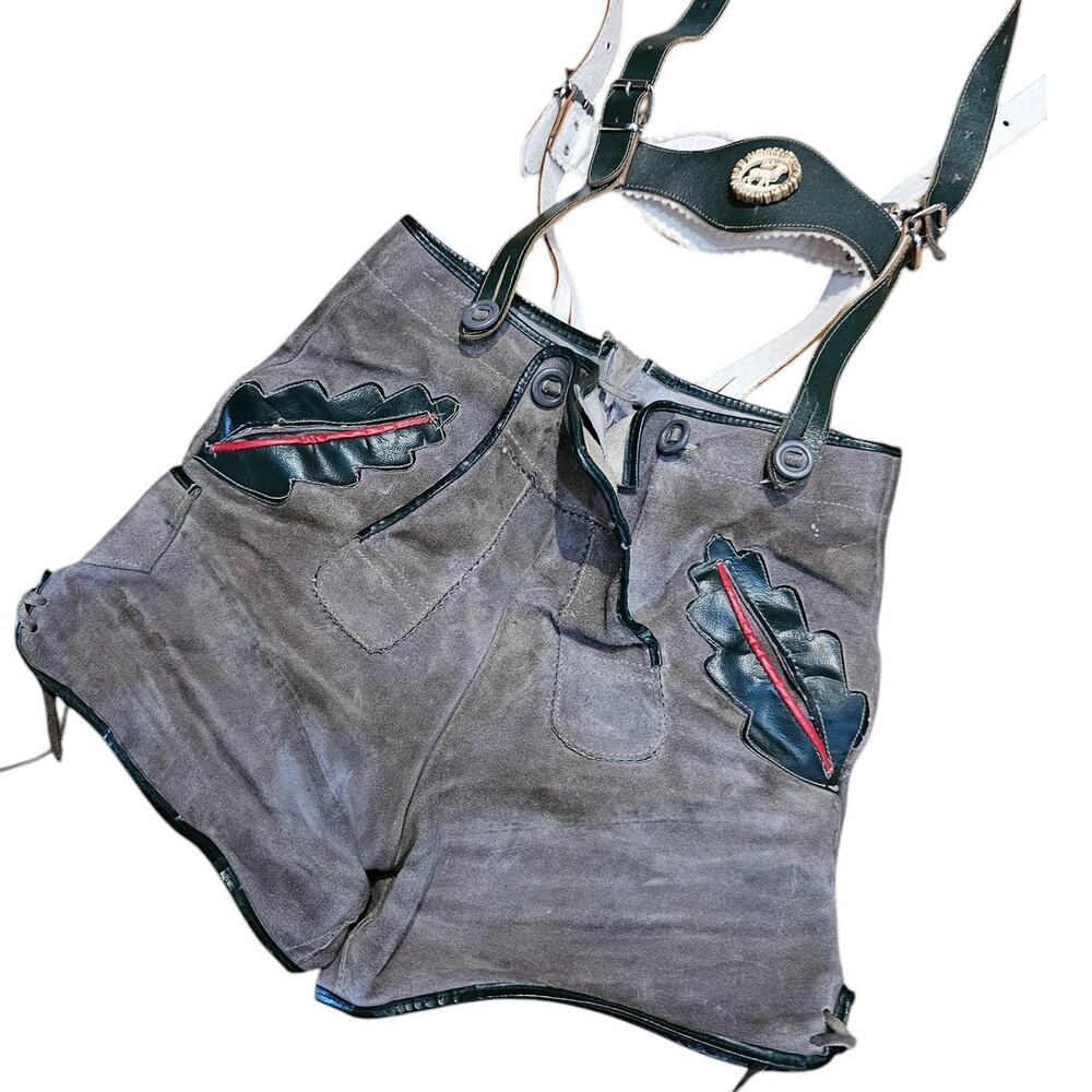 Vintage Boys Sz M Grey Suede Leather Lederhosen / Overalls w/ Emblem